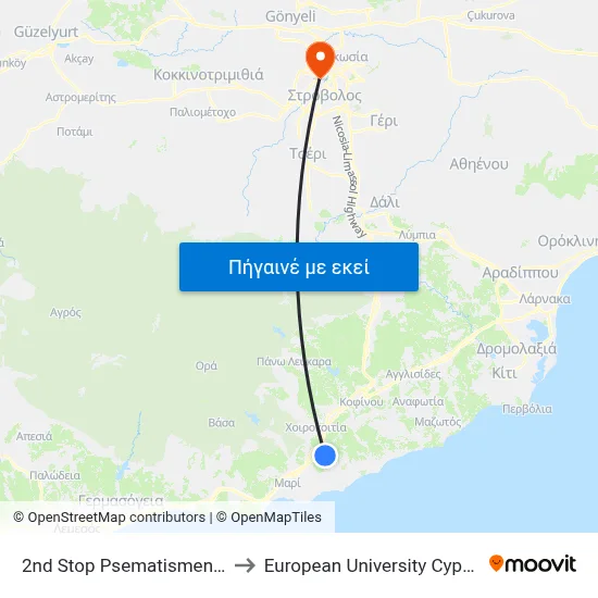 2nd Stop Psematismenos to European University Cyprus map