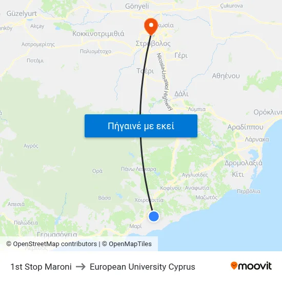 1st Stop Maroni to European University Cyprus map