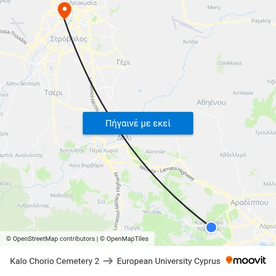 Kalo Chorio Cemetery to European University Cyprus map