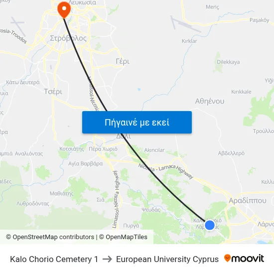 Kalo Chorio Cemetery to European University Cyprus map