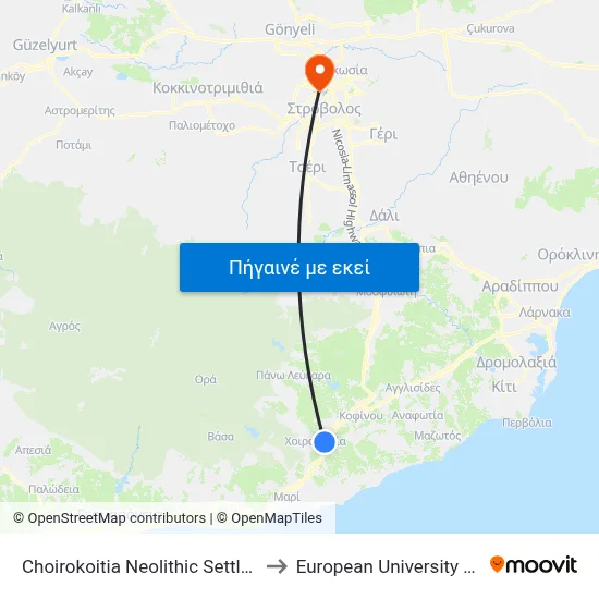 Choirokoitia Neolithic Settlement 1 to European University Cyprus map