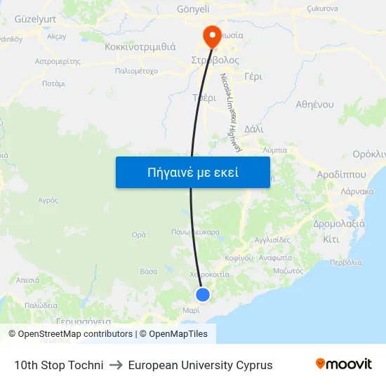 10th Stop Tochni to European University Cyprus map
