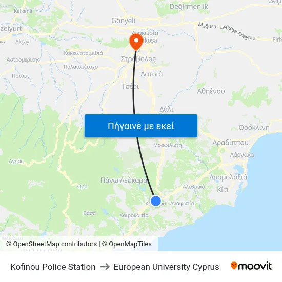 Kofinou Police Station to European University Cyprus map
