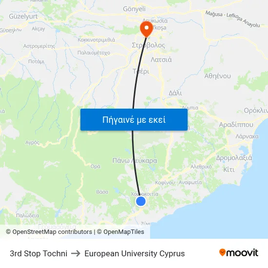 3rd Stop Tochni to European University Cyprus map