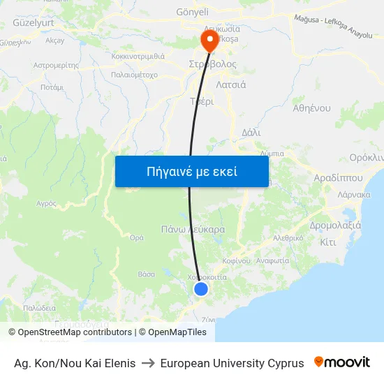 Ag. Kon/Nou Kai Elenis to European University Cyprus map