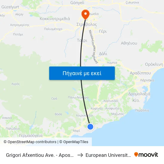 Grigori Afxentiou Ave. - Apost. Andreou to European University Cyprus map
