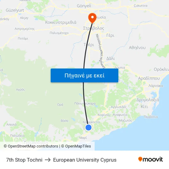 7th Stop Tochni to European University Cyprus map