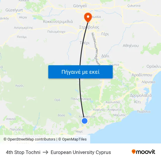 4th Stop Tochni to European University Cyprus map