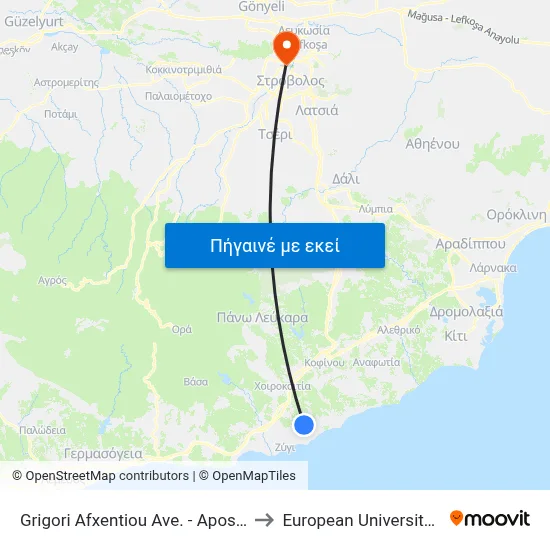 Grigori Afxentiou Ave. - Apost. Andreou to European University Cyprus map
