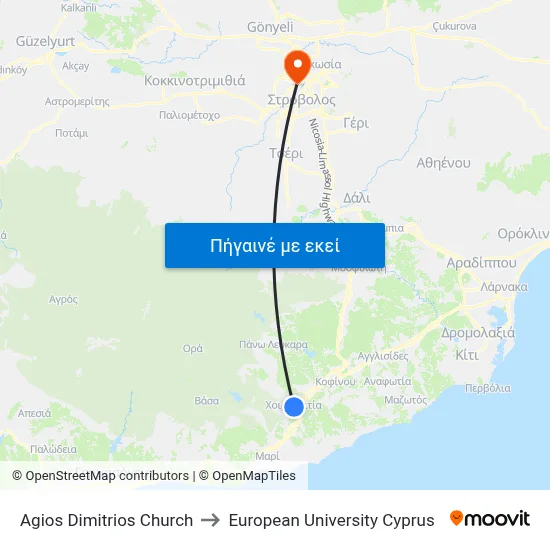 Agios Dimitrios Church to European University Cyprus map