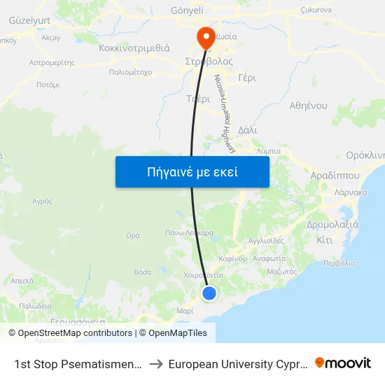 1st Stop Psematismenos to European University Cyprus map