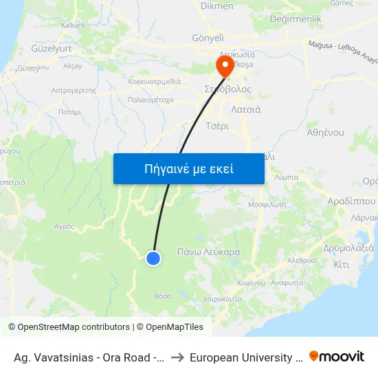 Ag. Vavatsinias - Ora Road - 1st Stop to European University Cyprus map