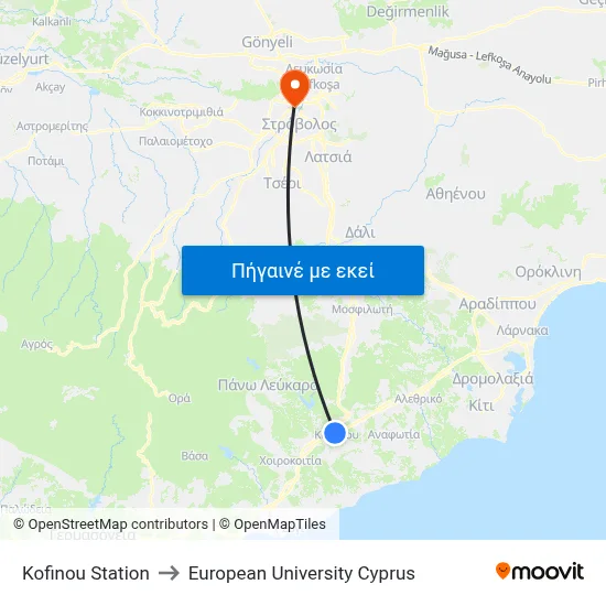 Kofinou Station to European University Cyprus map