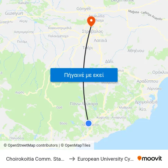Choirokoitia Comm. Stadium to European University Cyprus map