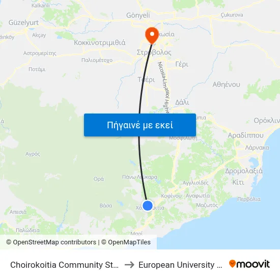 Choirokoitia Community Stadium 1 to European University Cyprus map