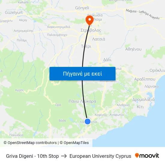 Griva Digeni - 10th Stop to European University Cyprus map