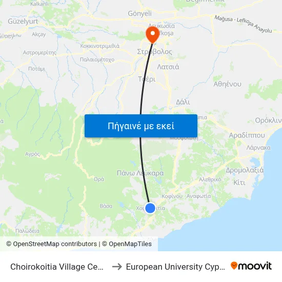 Choirokoitia Village Centre to European University Cyprus map