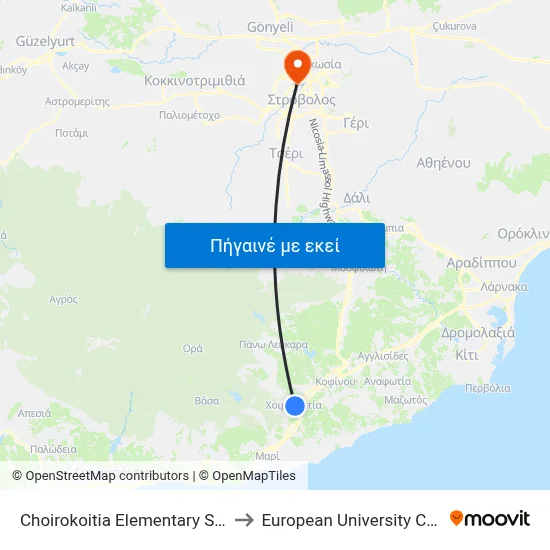 Choirokoitia Elementary School to European University Cyprus map