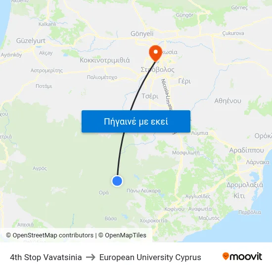 4th Stop Vavatsinia to European University Cyprus map