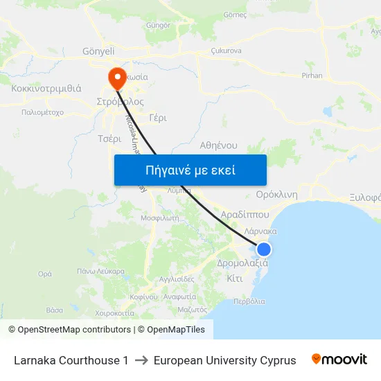 Larnaka Courthouse to European University Cyprus map