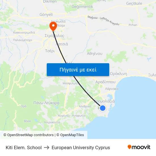Kiti Elem. School to European University Cyprus map
