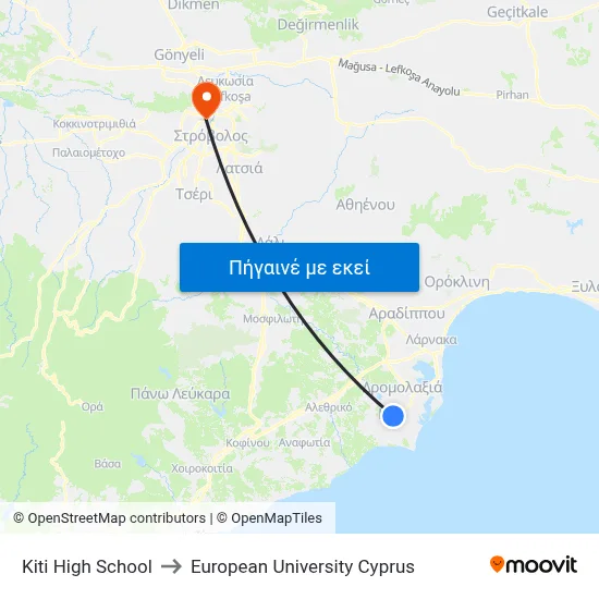 Kiti High School to European University Cyprus map