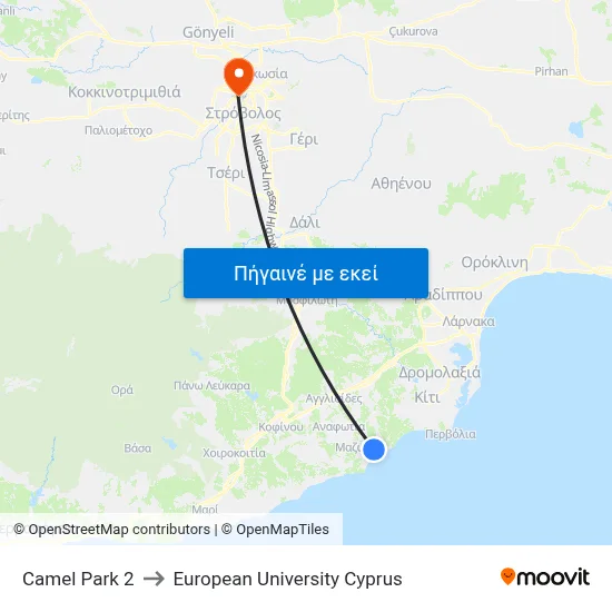 Camel Park 2 to European University Cyprus map