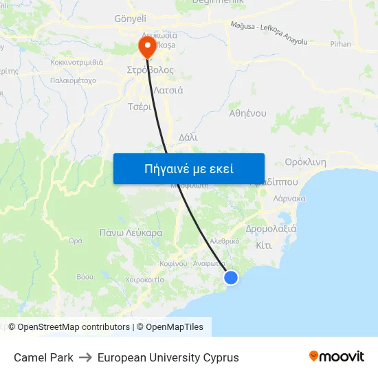 Camel Park to European University Cyprus map