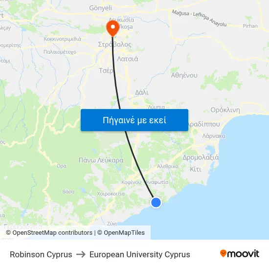 Robinson Cyprus to European University Cyprus map