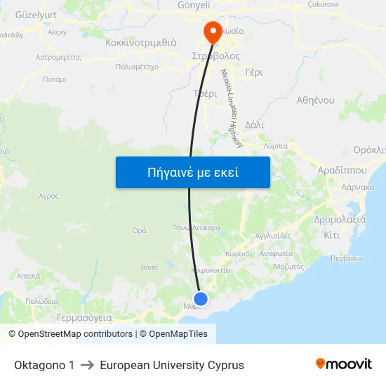 Oktagono 1 to European University Cyprus map