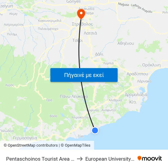 Pentaschoinos Tourist Area - 1st Stop to European University Cyprus map