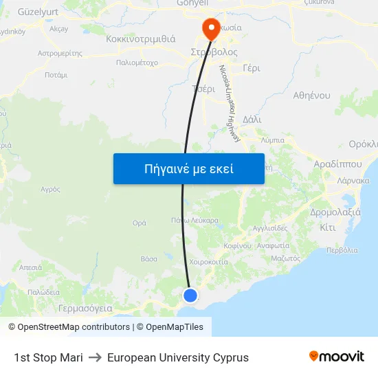 1st Stop Mari to European University Cyprus map