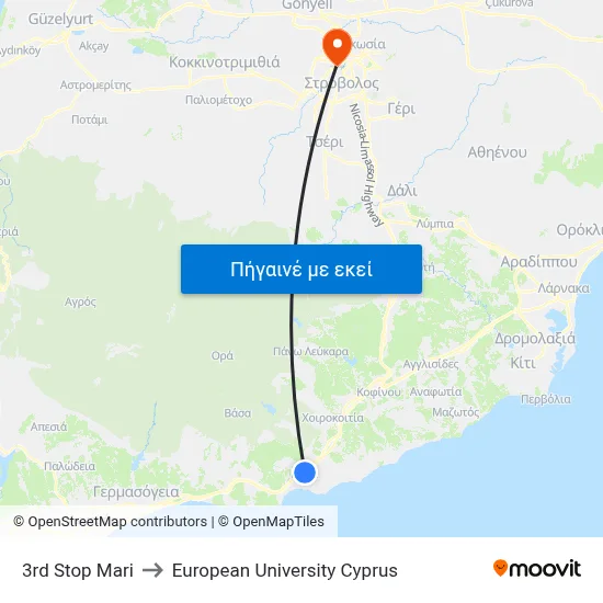 3rd Stop Mari to European University Cyprus map
