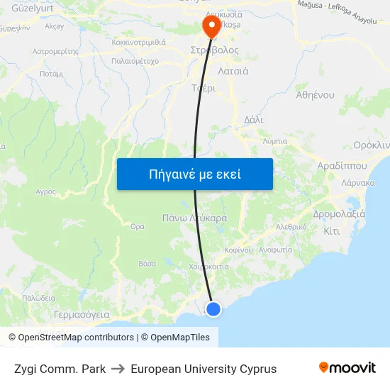 Zygi Comm. Park to European University Cyprus map