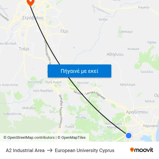 A2 Industrial Area to European University Cyprus map
