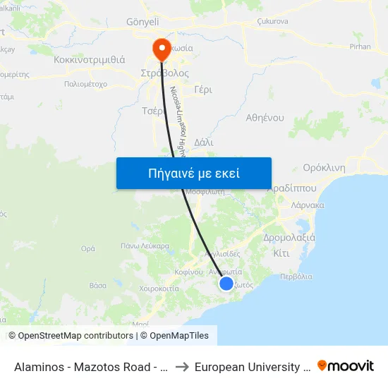 Alaminos - Mazotos Road - 2nd Stop to European University Cyprus map