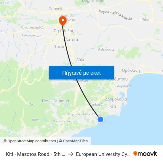 Kiti - Mazotos Road - 5th Stop to European University Cyprus map
