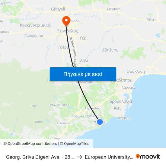 Georg. Griva Digeni Ave. - 28 Oktovriou to European University Cyprus map