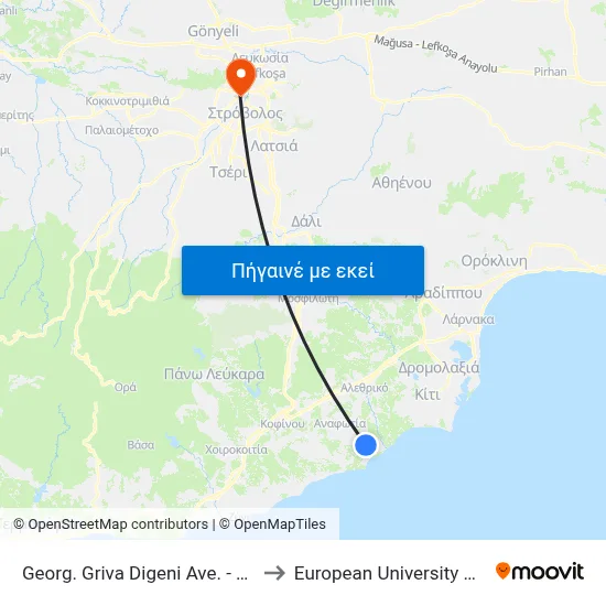 Georg. Griva Digeni Ave. - Evropis to European University Cyprus map