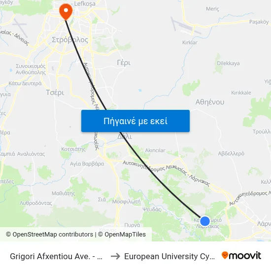 Grigori Afxentiou Ave. - Pigis to European University Cyprus map