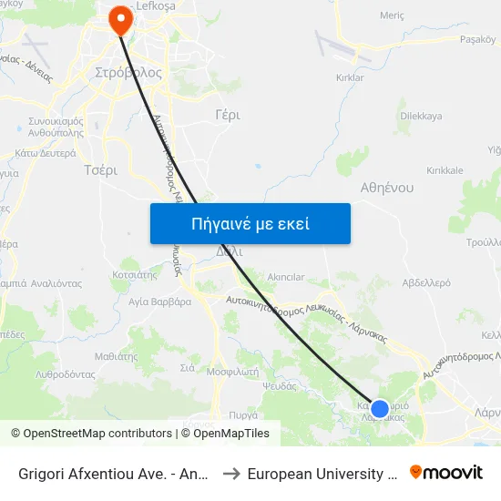 Grigori Afxentiou Ave. - Angastinas to European University Cyprus map