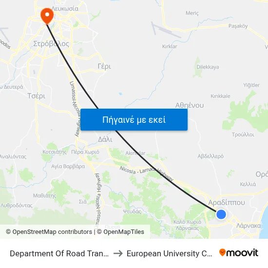 Department Of Road Transport to European University Cyprus map