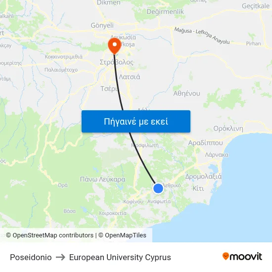 Poseidonio to European University Cyprus map