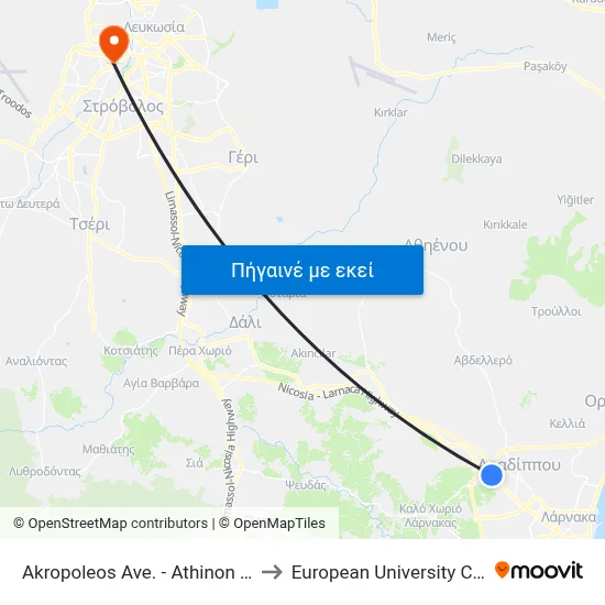 Akropoleos Ave. - Athinon Ave. to European University Cyprus map