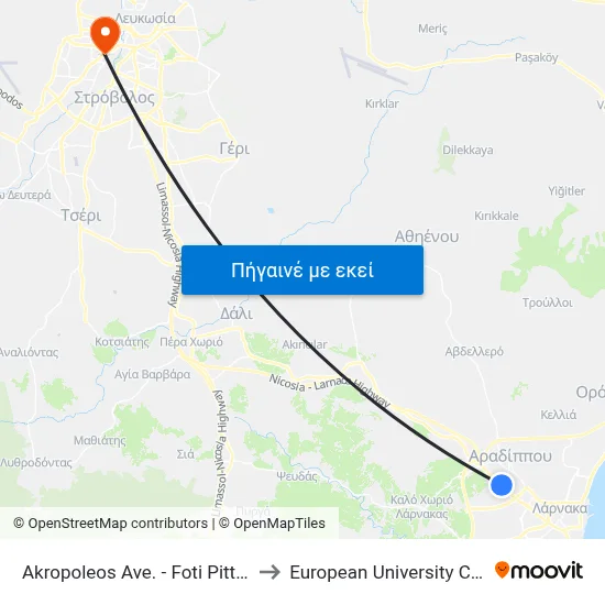 Akropoleos Ave. - Foti Pitta Ave. to European University Cyprus map