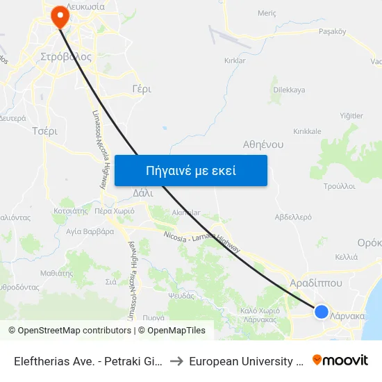 Eleftherias Ave. - Petraki Giallourou to European University Cyprus map