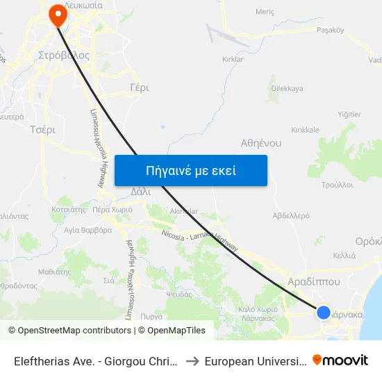 Eleftherias Ave. - Giorgou Christodoulidi Ave. to European University Cyprus map
