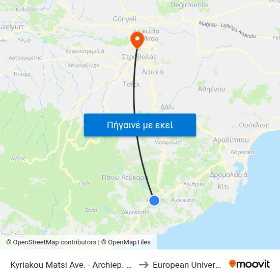 Kyriakou Matsi Ave. - Archiep. Makariou C´ Ave. to European University Cyprus map