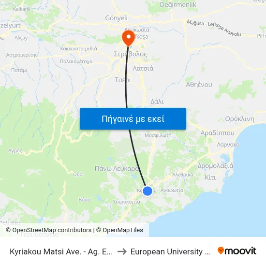 Kyriakou Matsi Ave. - Ag. Epiktitou to European University Cyprus map