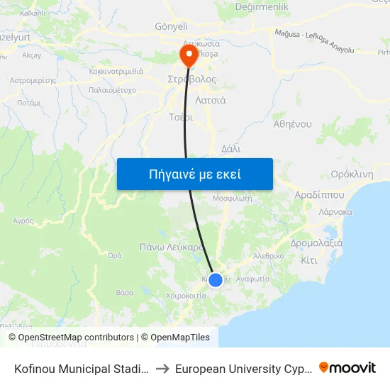 Kofinou Municipal Stadium to European University Cyprus map